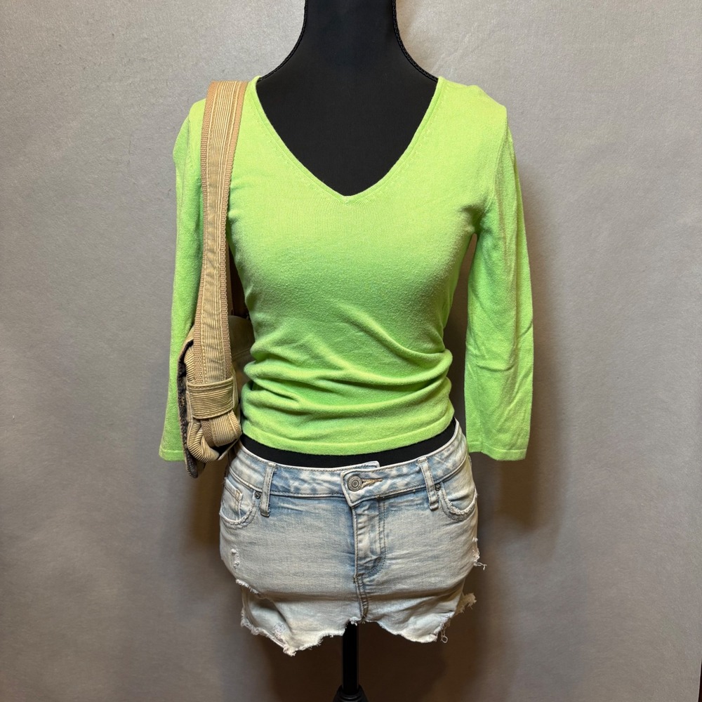 Dolce Women Lime Green V-Neck 3/4 Sleeve Knit Sweater Size S Neon Bright